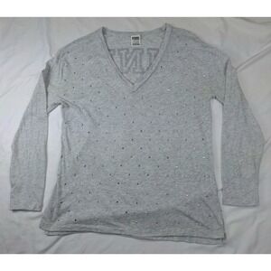 Victoria's Secret PINK Gray Rhinestone V-Neck Long Sleeve Graphic Tee Small